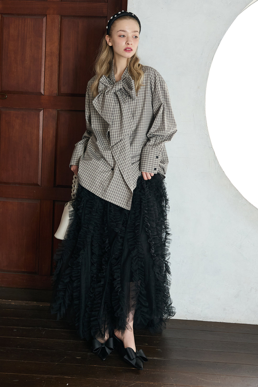 [予約/SET]マルチパターンボウタイアシメシャツ+Iラインホイップチュールスカート(2set)