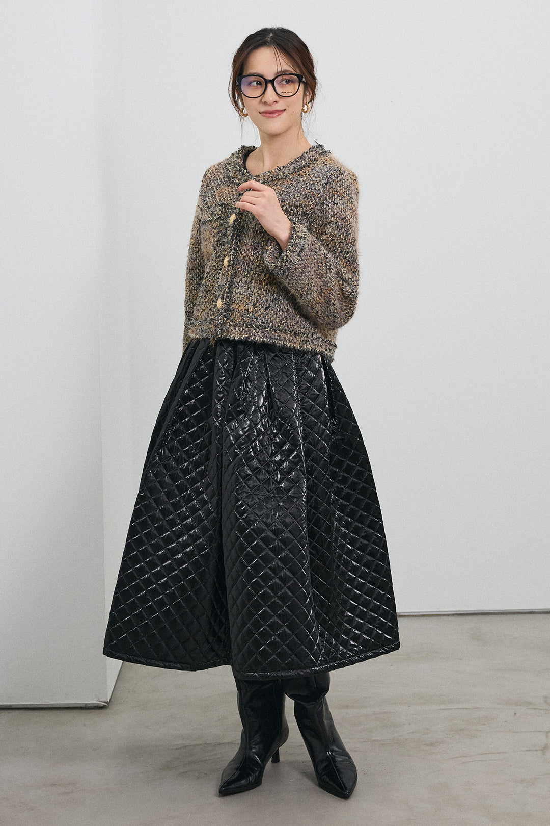 [予約/SET]カラーミックスツイードジャケット+メタリックキルティングフレアスカート(2set)