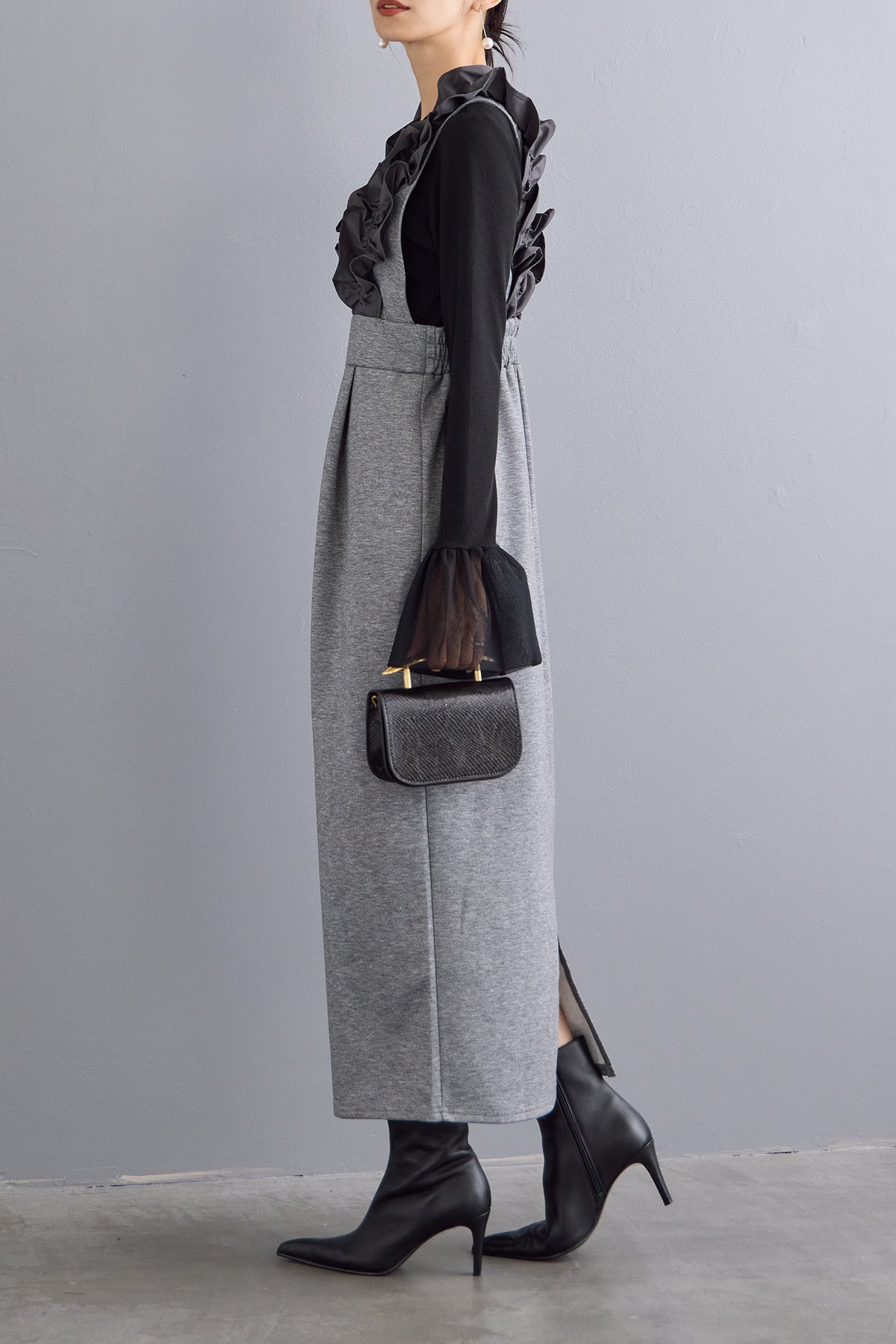 予約/SET]チュールシアーカフスリブニット+異素材フリルショルダー