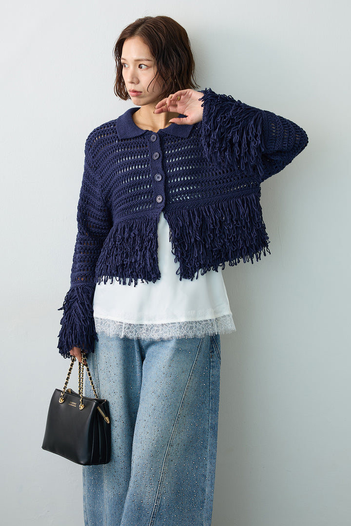 [予約]メッシュフリンジクロップドニット