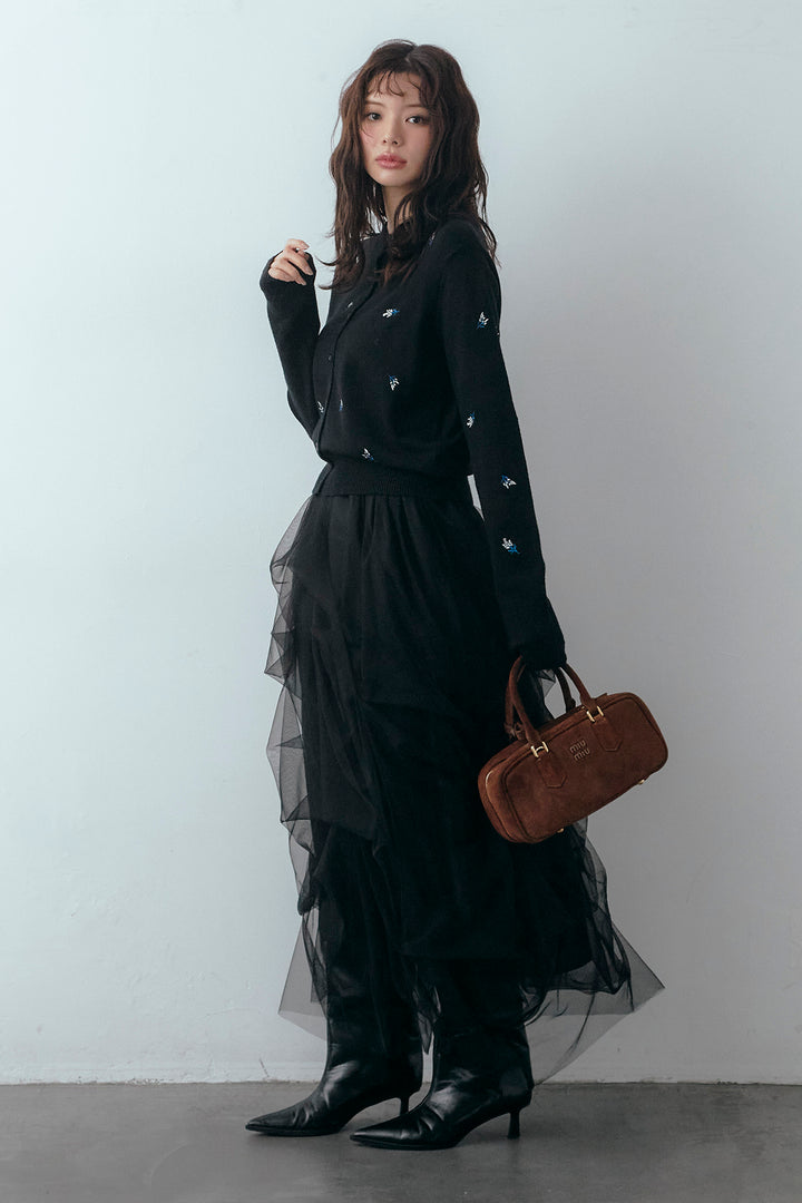 [予約/SET]ニュアンスフラワー刺繍クロップドニットカーデ+マルチパターンタックチュールスカート(2set)