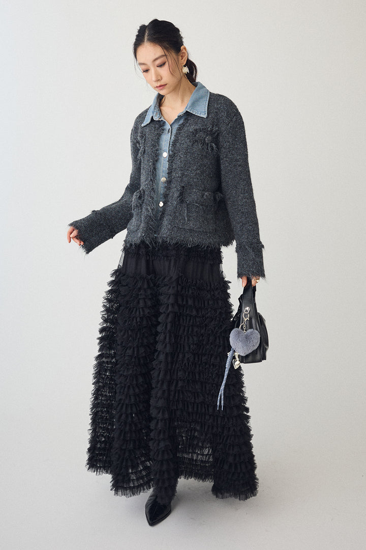 [予約/SET]デニムシャツドッキングツイードカーデ+ホイップチュールティアードスカート(2set)