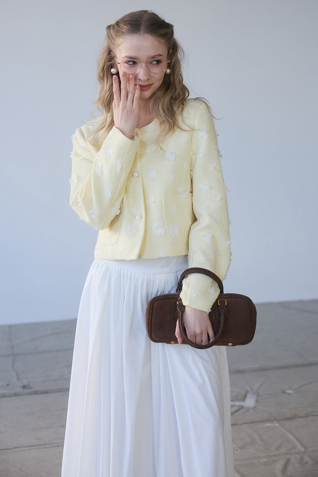 [予約/SET]フラワーモチーフツイードジャケット+ギャザーフレア綿タッチスカート(2set)