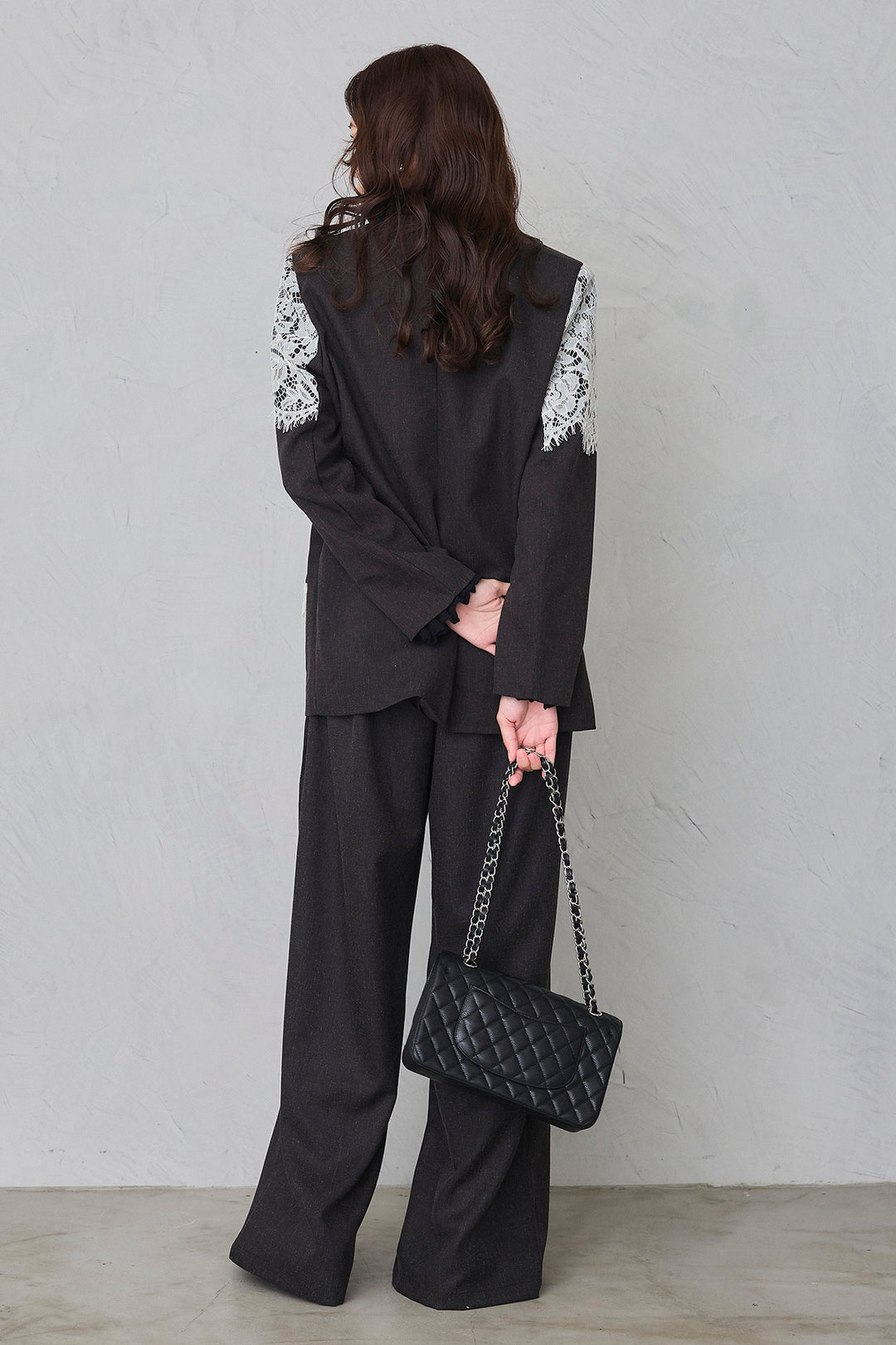 [予約/SET]ダブルフリルカラーニットプルオーバー+ショルダーレースデザインジャケット+ライトツイードタックパンツ(3set)