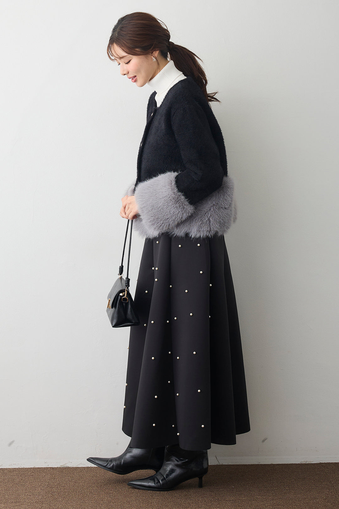 [予約/SET]配色ファードッキングコート+マルチパターンボンディングフレアスカート(2set)