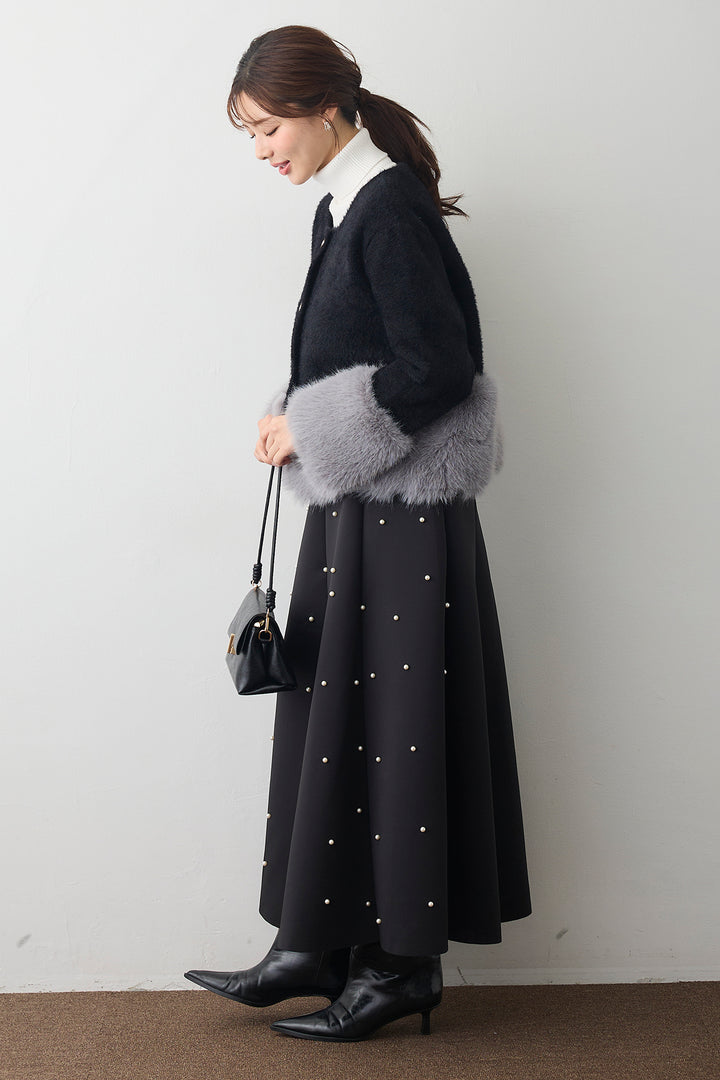 [予約/SET]配色ファードッキングコート+マルチパターンボンディングフレアスカート(2set)