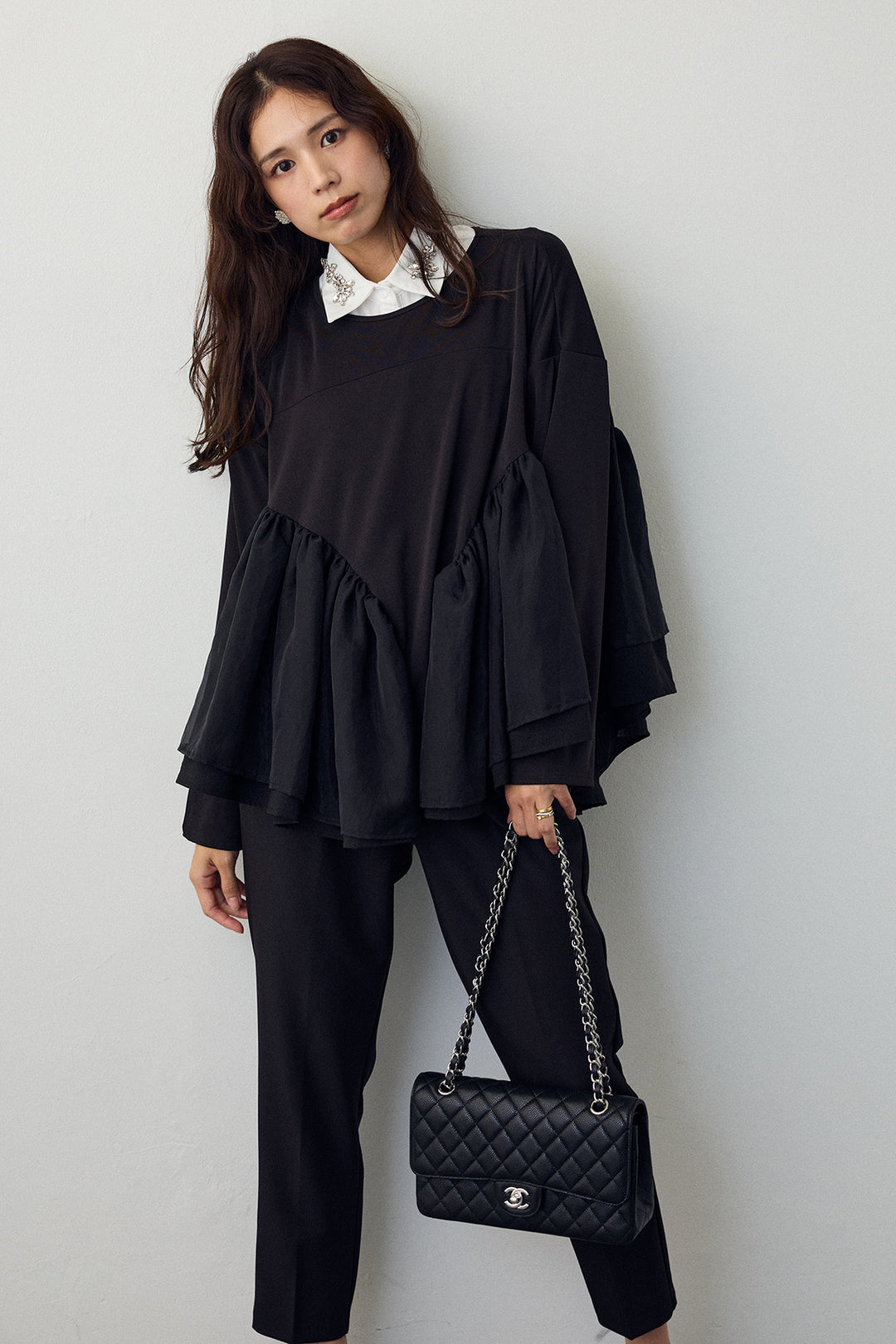 [予約/SET]ビジュー付け襟+フリルテール異素材切替チュニック+タックテーパードパンツ(3set)