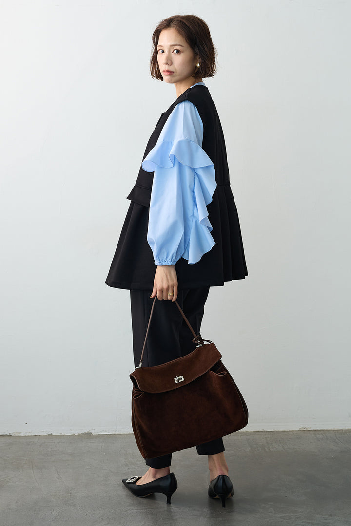 [予約/SET]ティアードフリルスリーブパールボタンブラウス+ペプラムラインシルバーボタンジレ(2set)