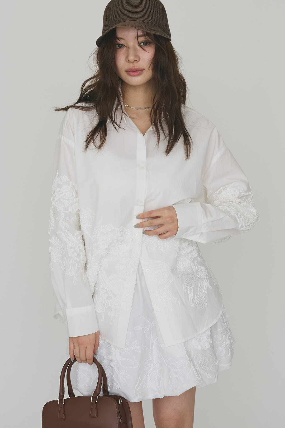 [予約/SET]フラワー刺繍モチーフオーバーシャツ+フラワー刺繍バルーンスカート(2set)