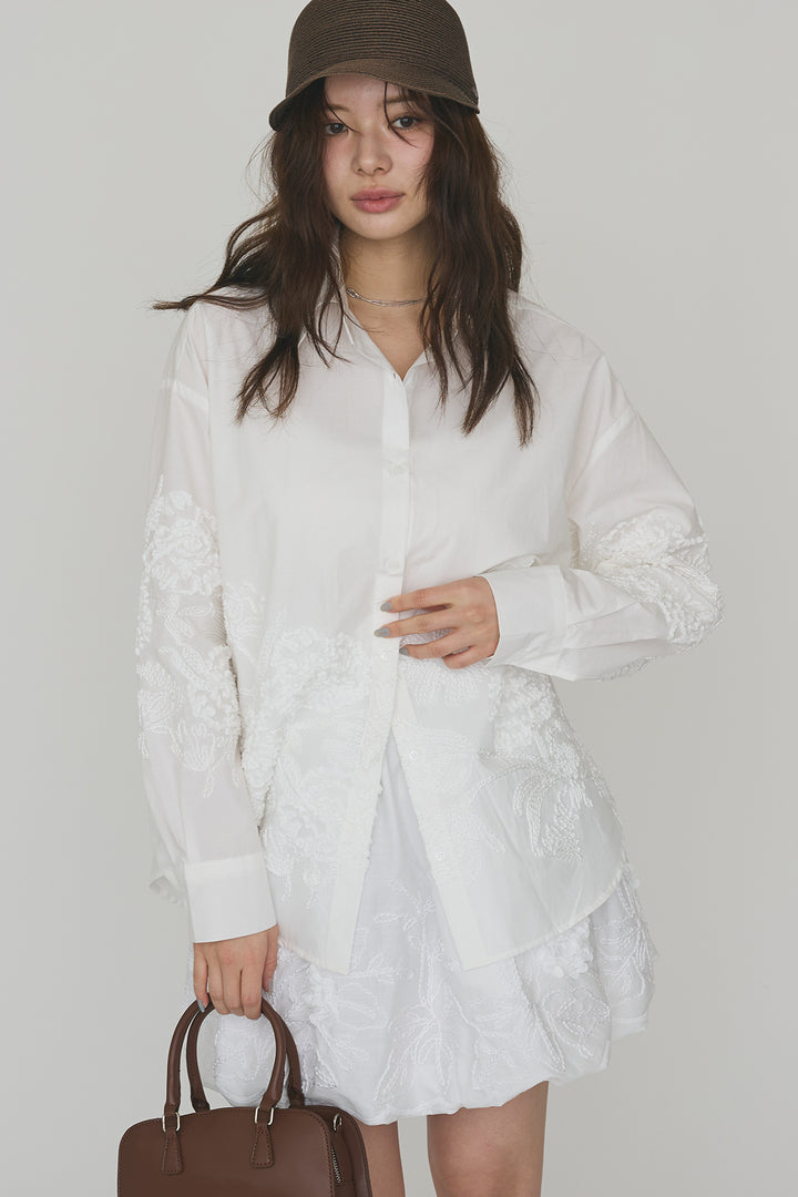 [予約/SET]フラワー刺繍モチーフオーバーシャツ+フラワー刺繍バルーンスカート(2set)