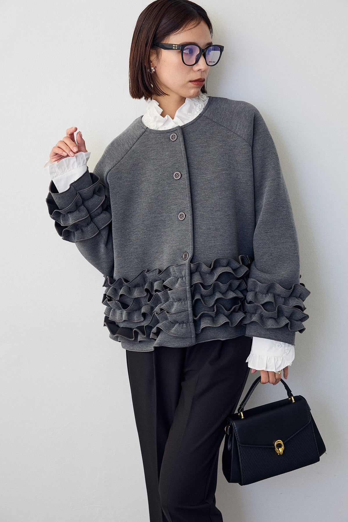 予約/SET]ローズモチーフフリルカラーシャツ+フリルティアード