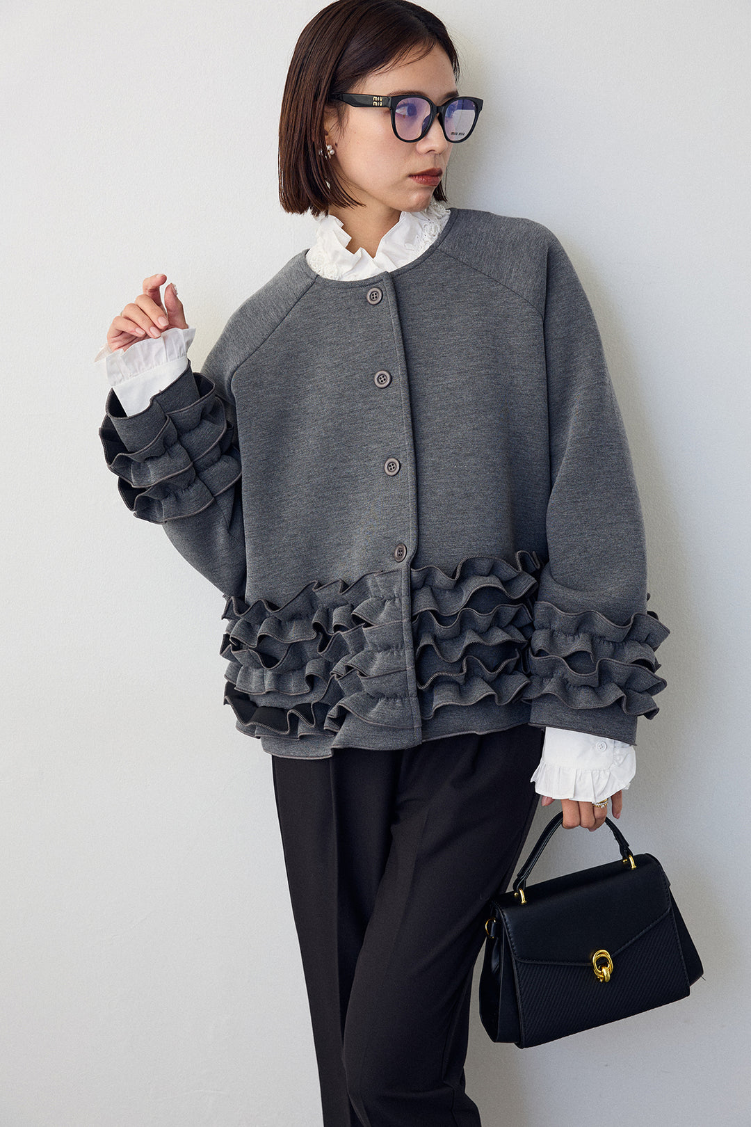 [予約/SET]ローズモチーフフリルカラーシャツ+フリルティアードボンディングクロップドコート(2set)