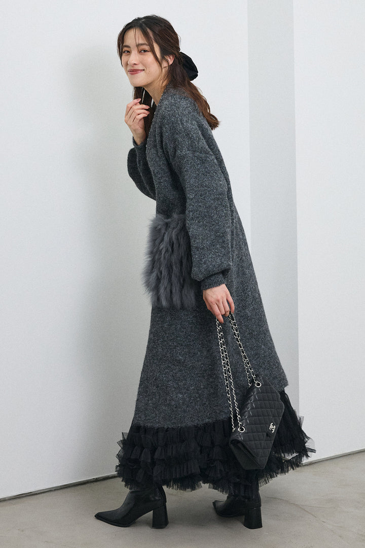 [予約/SET]ファーポケットロングニットカーデ+スウィートチュールフリルスカート(2set)