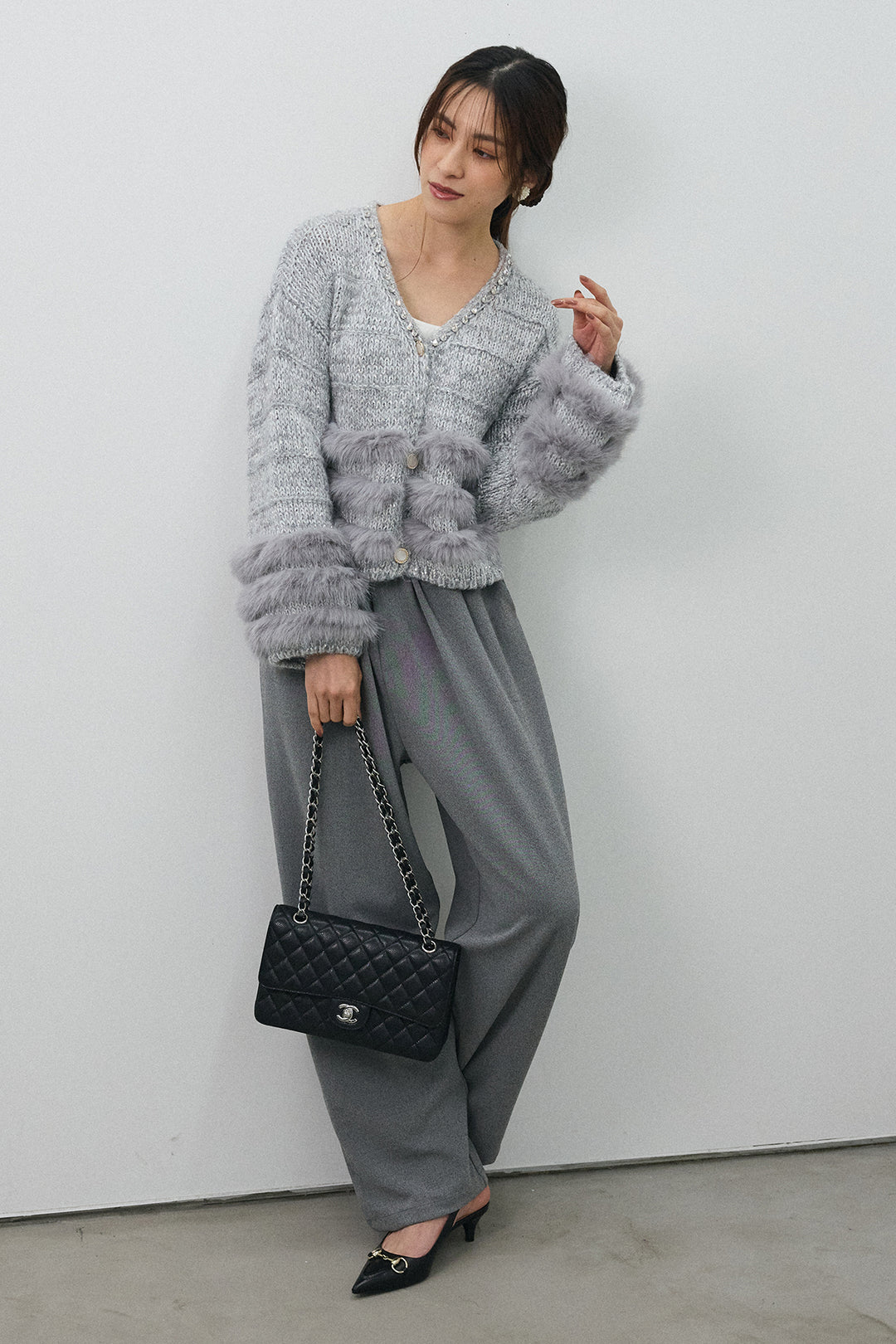 [予約/SET]ネックビジューラインファーニットカーデ+2タック美シルエットパンツ(2set)