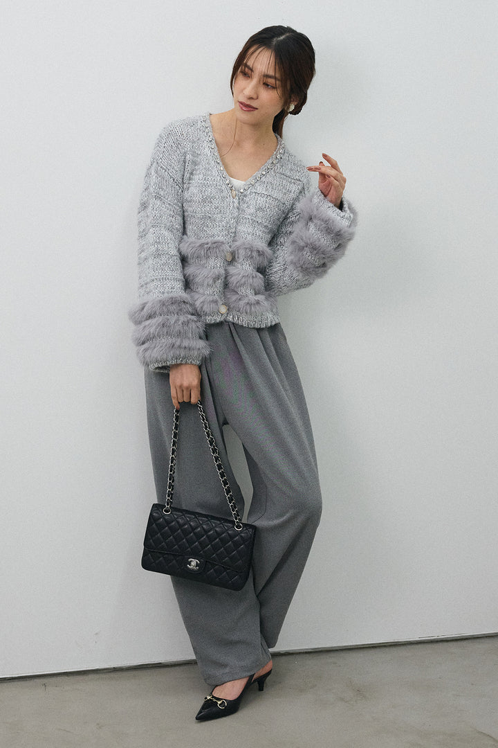 [予約/SET]ネックビジューラインファーニットカーデ+2タック美シルエットパンツ(2set)