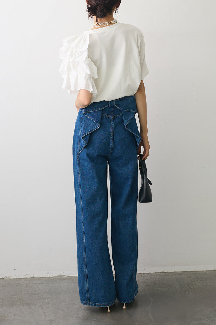 [予約/SET]アシメフリルティアードデザインTシャツ+バックリボンデザインデニムパンツ(2set)