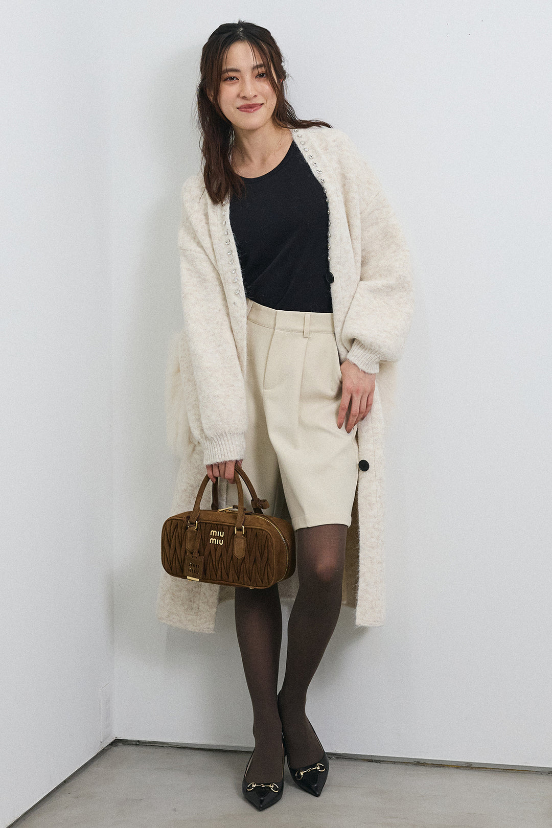 [予約/SET]ファーポケットロングニットカーデ+ウールタッチセンタープレスハーフパンツ(2set)