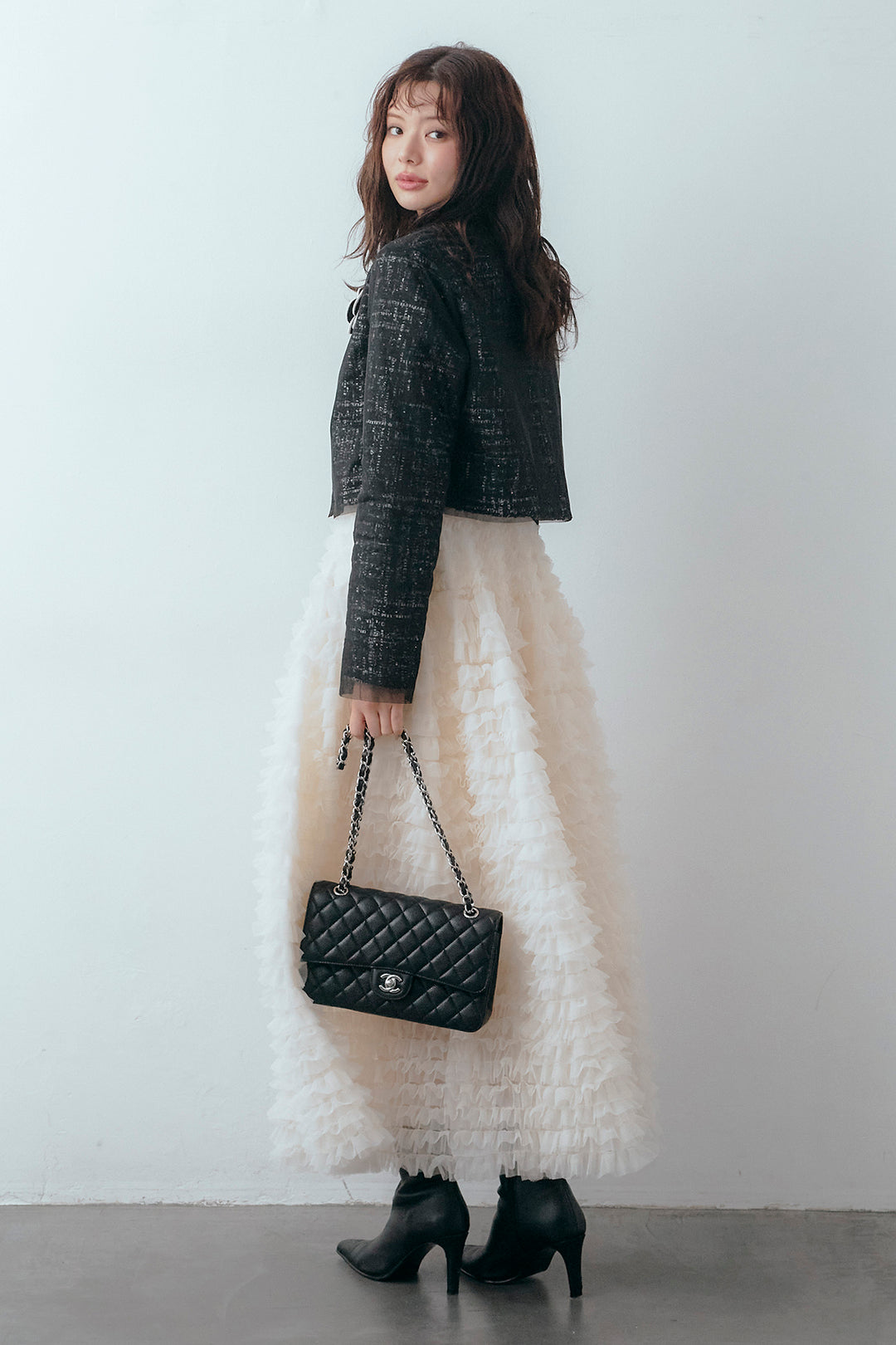 [予約/SET]ツイード×チュールレイヤードクロップドジャケット+ホイップチュールティアードスカート(2set)