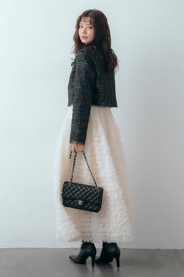 [予約/SET]ツイード×チュールレイヤードクロップドジャケット+ホイップチュールティアードスカート(2set)