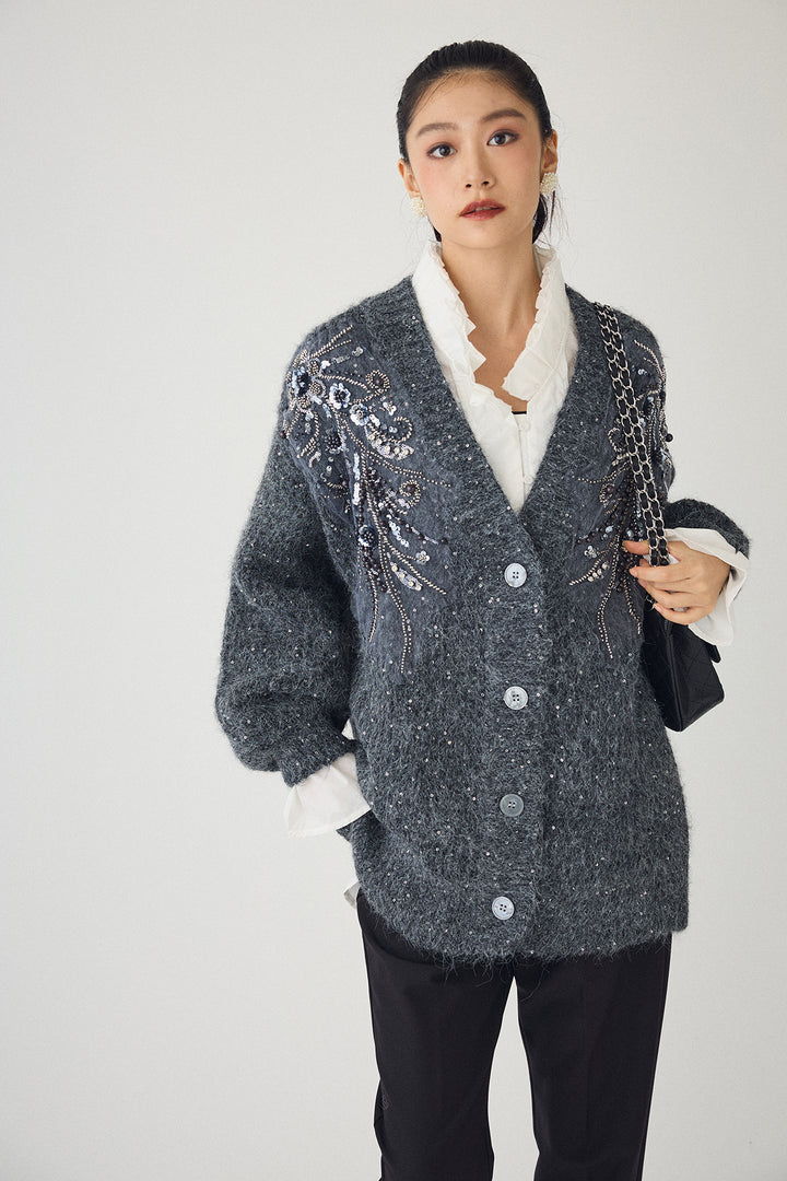 [予約/SET]ダブルプリーツカラーブラウス+ビーズフラワースパンコールシャイニーニットカーデ+タックテーパードパンツ(3set)