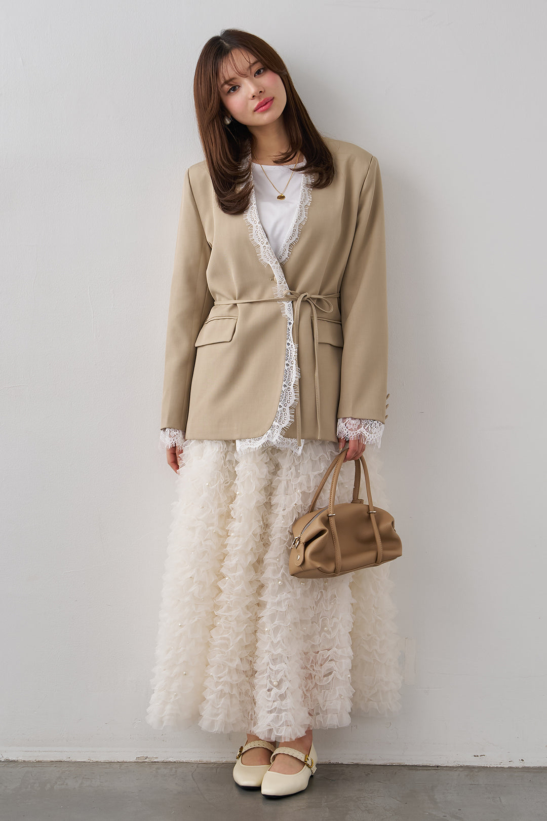 [予約/SET]カシュクールレースドッキングジャケット+パール付きホイップチュールスカート(2set)