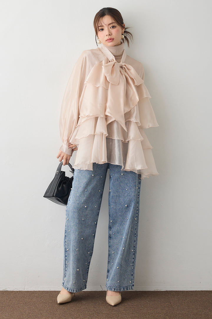 [予約/SET]フロントBIGリボンティアードエアリーチュニック+パールスタッズストレートハイウエストデニム(2set)
