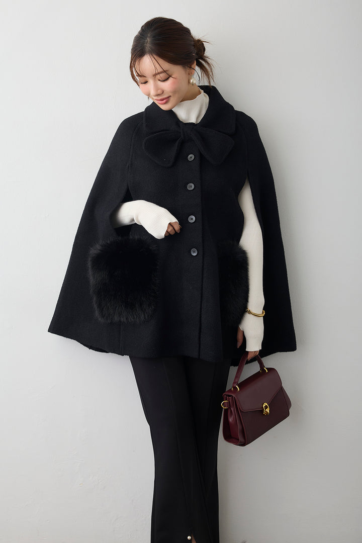 [予約/SET]ベーシックフィンガーホールリブニット+ウールタッチファーポケットポンチョコート+センタースリットパールパンツ(3set)