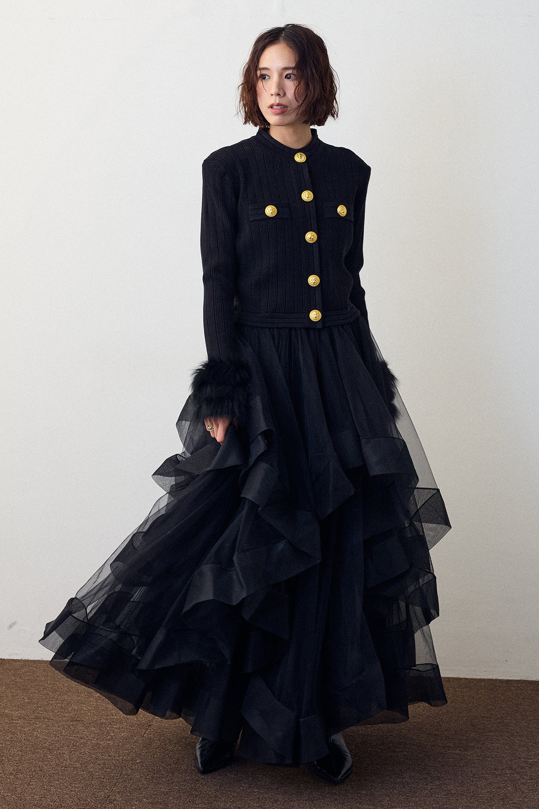 [予約]ダブルファーラインスリーブニットカーデ