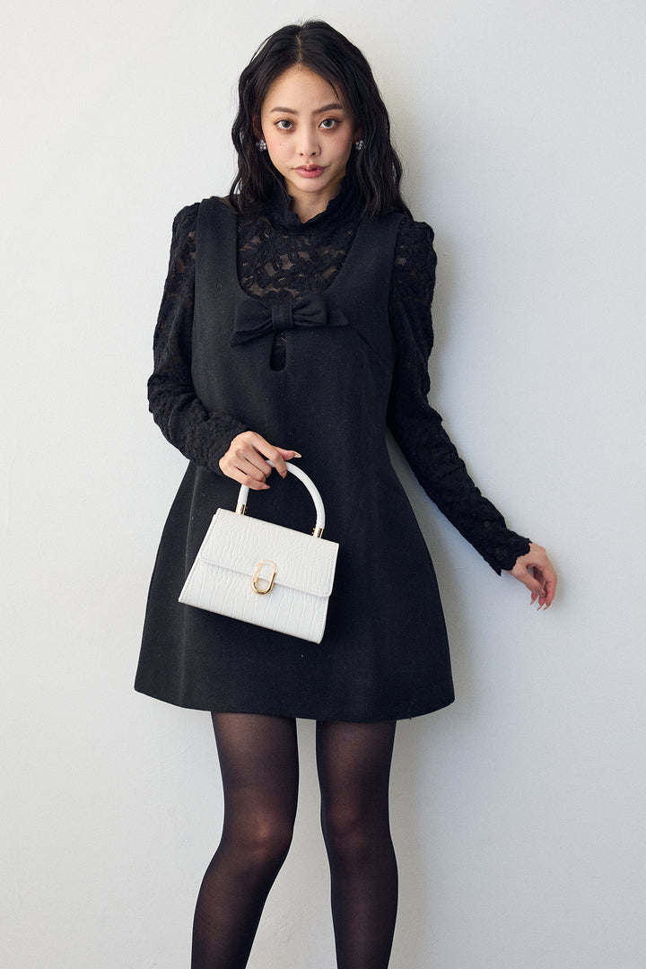 [予約/SET]クラシカルレースハイネックトップス+フロントリボンミニジャンスカ(2set)