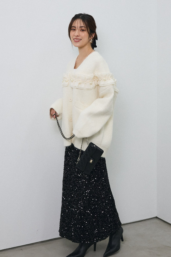 [予約/SET]フリルパールドッキングニットコーディガン+スパンコールシャイニースカート(2set)
