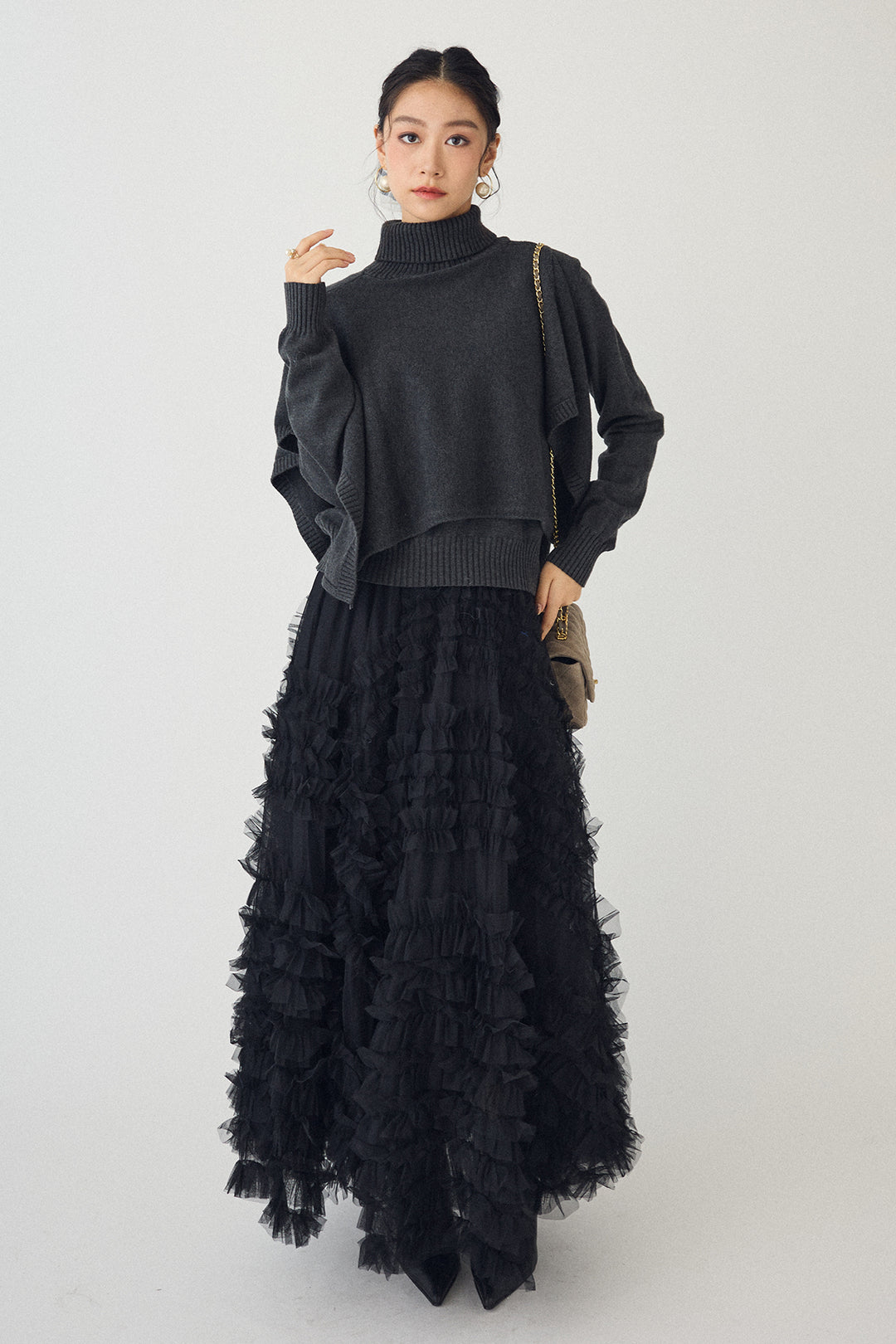 [予約/SET]アシメケープ2wayニット+スフレアシメチュールスカート(2set)