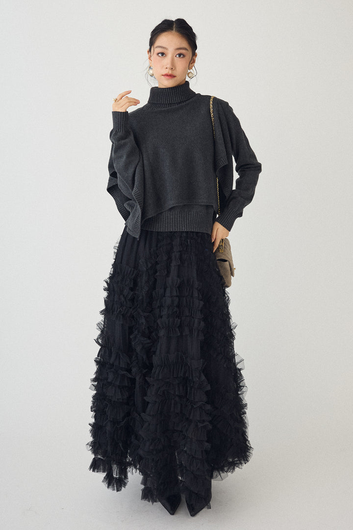 [予約/SET]アシメケープ2wayニット+スフレアシメチュールスカート(2set)