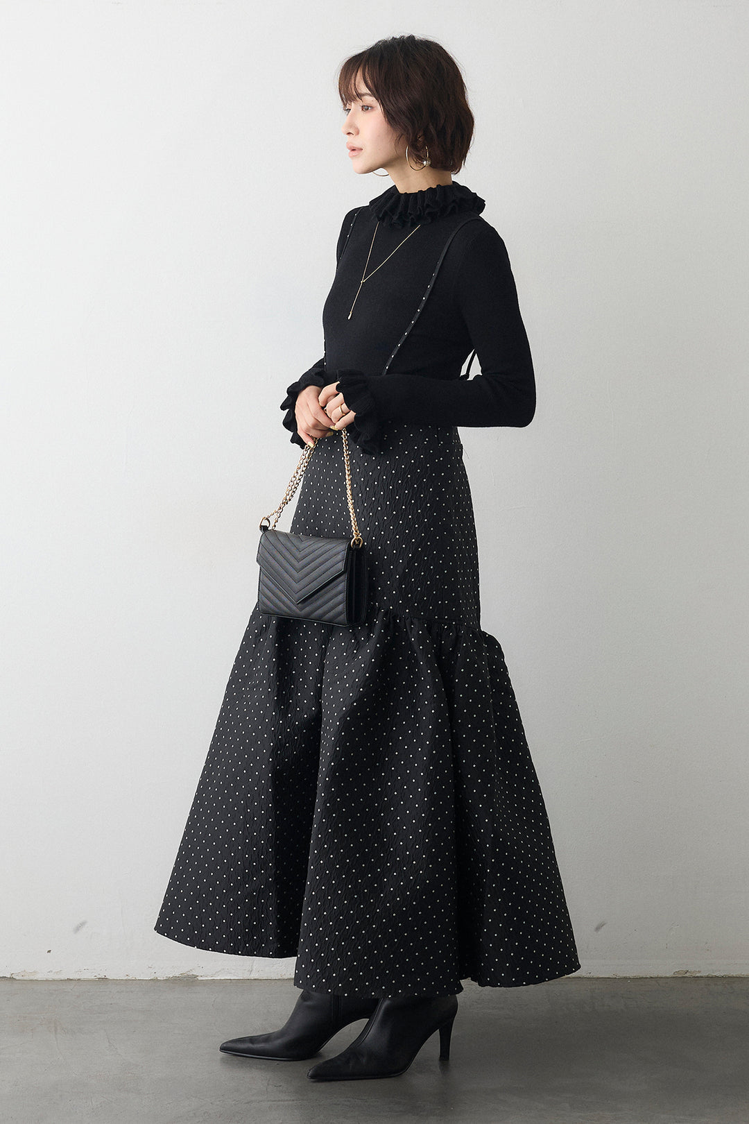 [予約/SET]ダブルフリルカラーニットプルオーバー+ドットジャガードギャザーフレアスカート(2set)