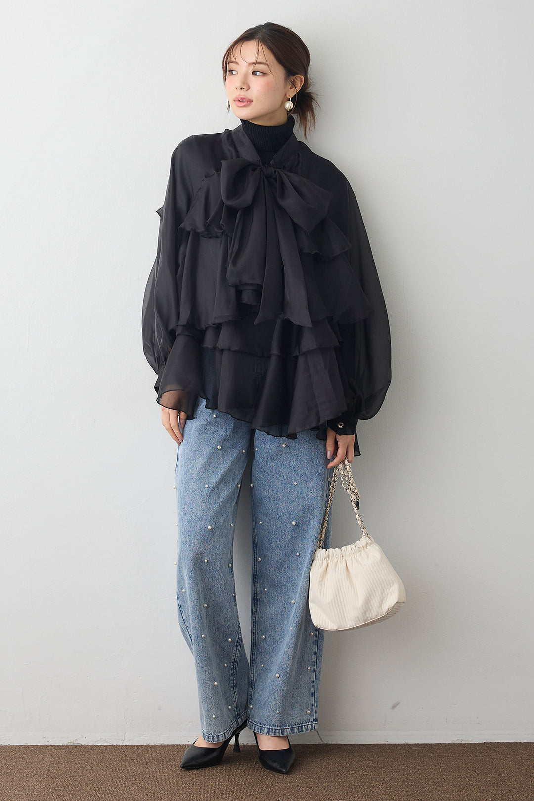 [予約/SET]フロントBIGリボンティアードエアリーチュニック+パールスタッズストレートハイウエストデニム(2set)
