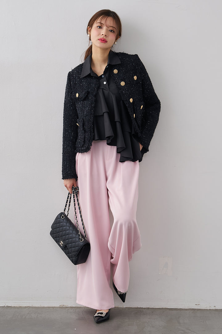 [予約/SET]アシメフリルティアードシャツ+フリンジツイードゴールドボタンジャケット+エステルツイルタックワイドカラーパンツ(3set)