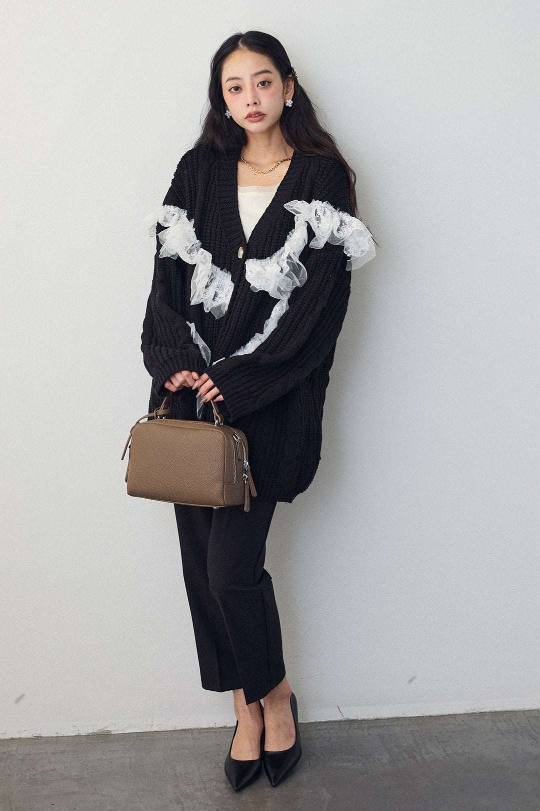 [予約/SET]ラッフルレースドッキングニットBIGカーデ+タックテーパードパンツ(2set)