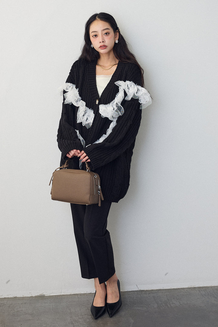 [予約/SET]ラッフルレースドッキングニットBIGカーデ+タックテーパードパンツ(2set)