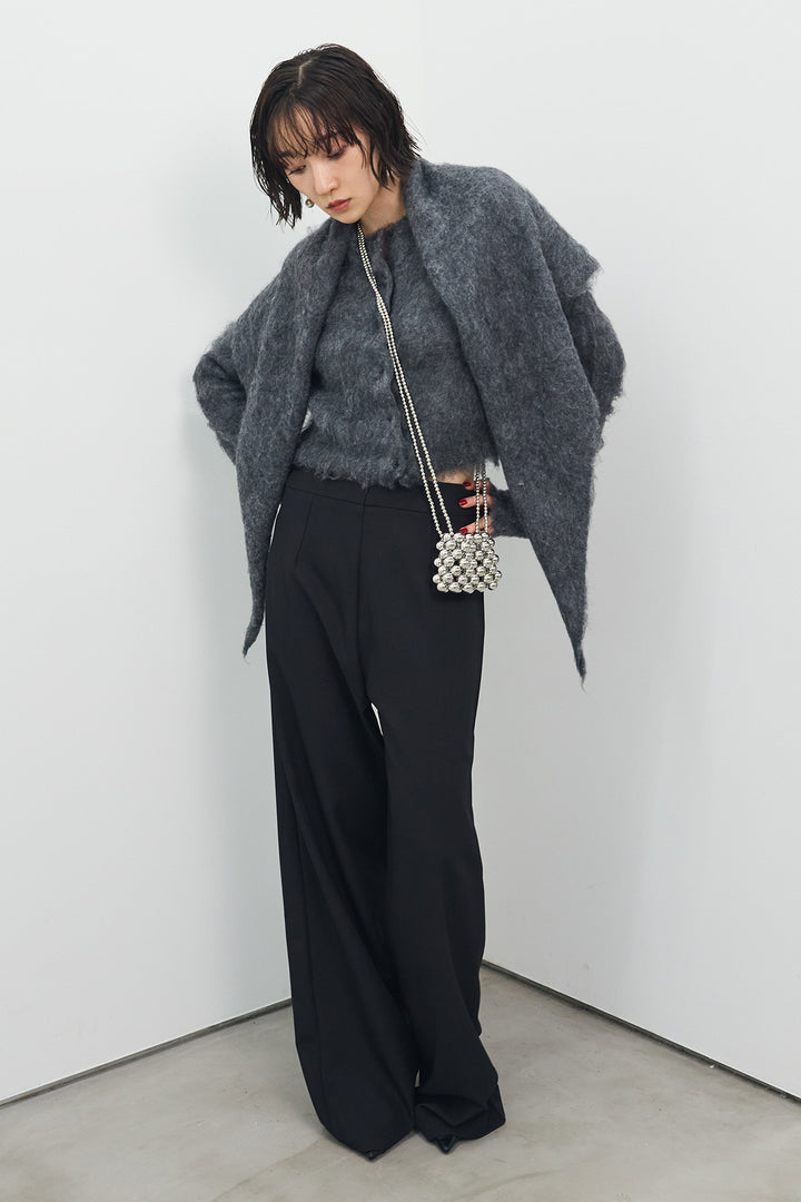 [予約/SET]モヘアタッチクロップドニットカーデ+モヘアタッチトライアングルスカーフ+バックリボンストレートパンツ(3set)