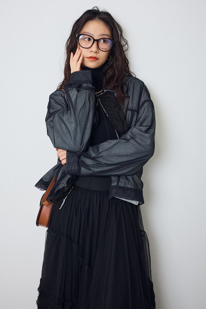 [予約]デニム×チュールレイヤードフリルジャケット