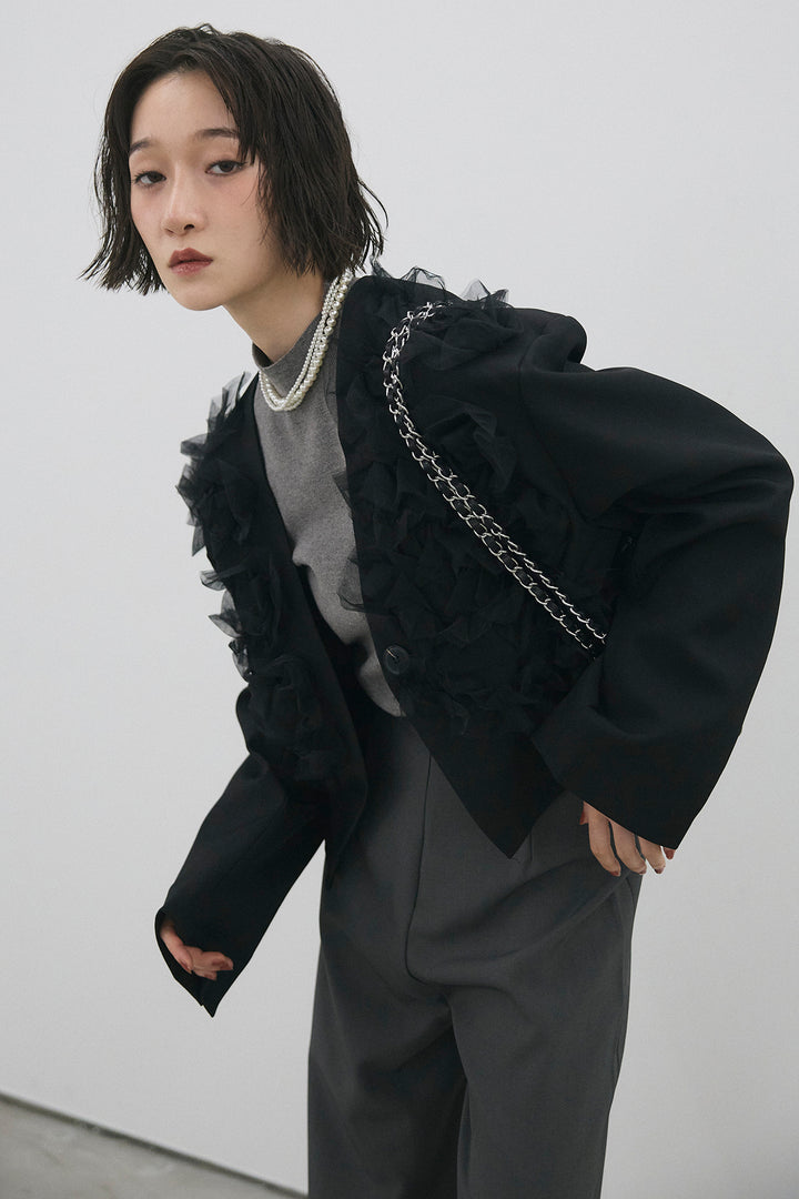 [予約/SET]ハーフスリーブハイネックニット+ホイップチュールショート丈ジャケット+バックリボンストレートパンツ(3set)
