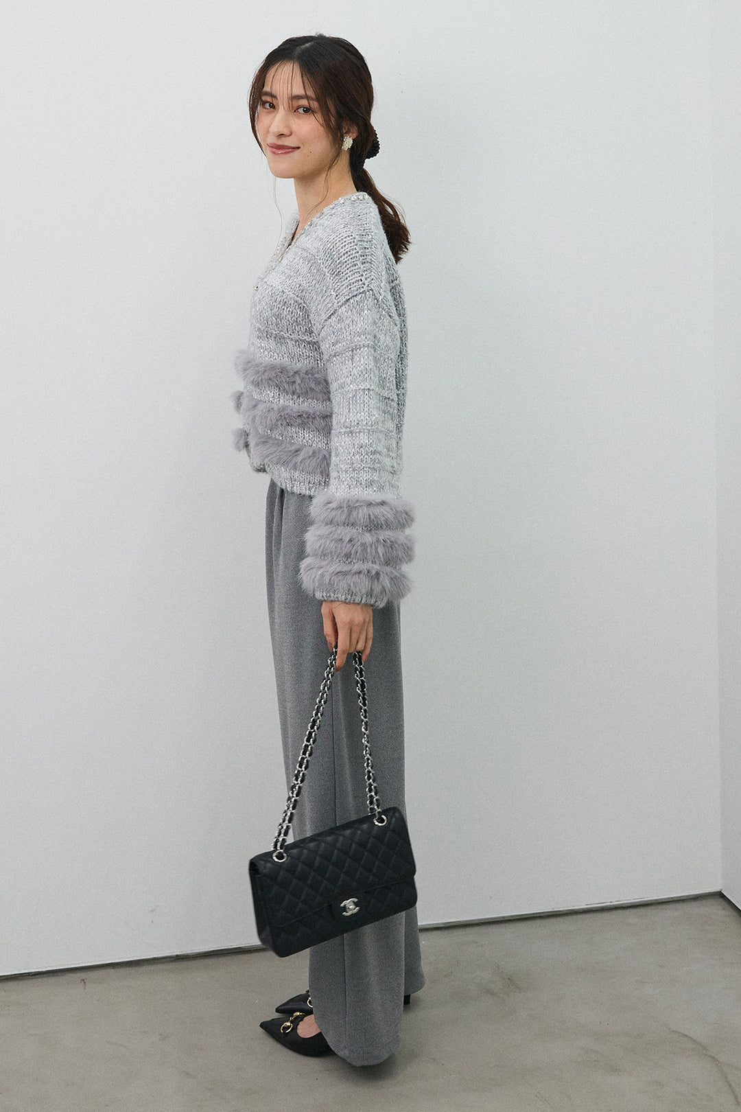 [予約/SET]ネックビジューラインファーニットカーデ+2タック美シルエットパンツ(2set)