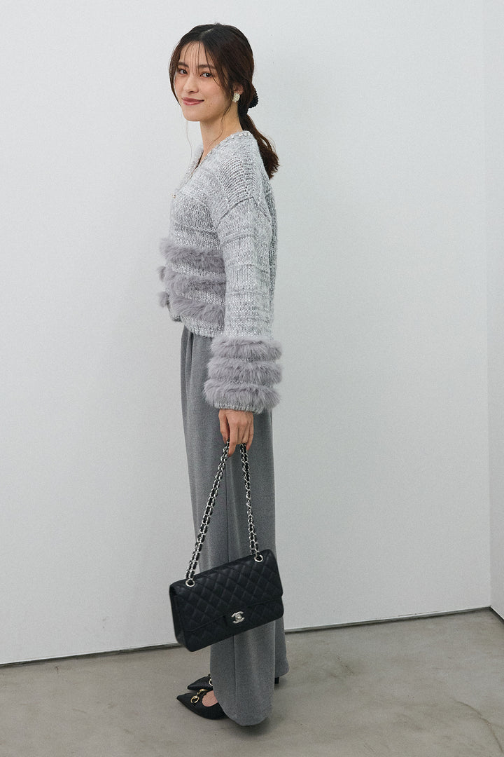 [予約/SET]ネックビジューラインファーニットカーデ+2タック美シルエットパンツ(2set)