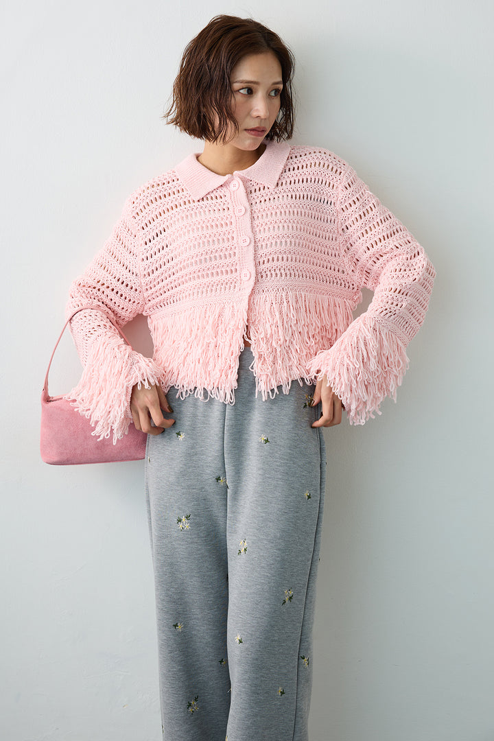 [予約/SET]メッシュフリンジクロップドニット+フラワー刺繍ストレートポンチパンツ(2set)
