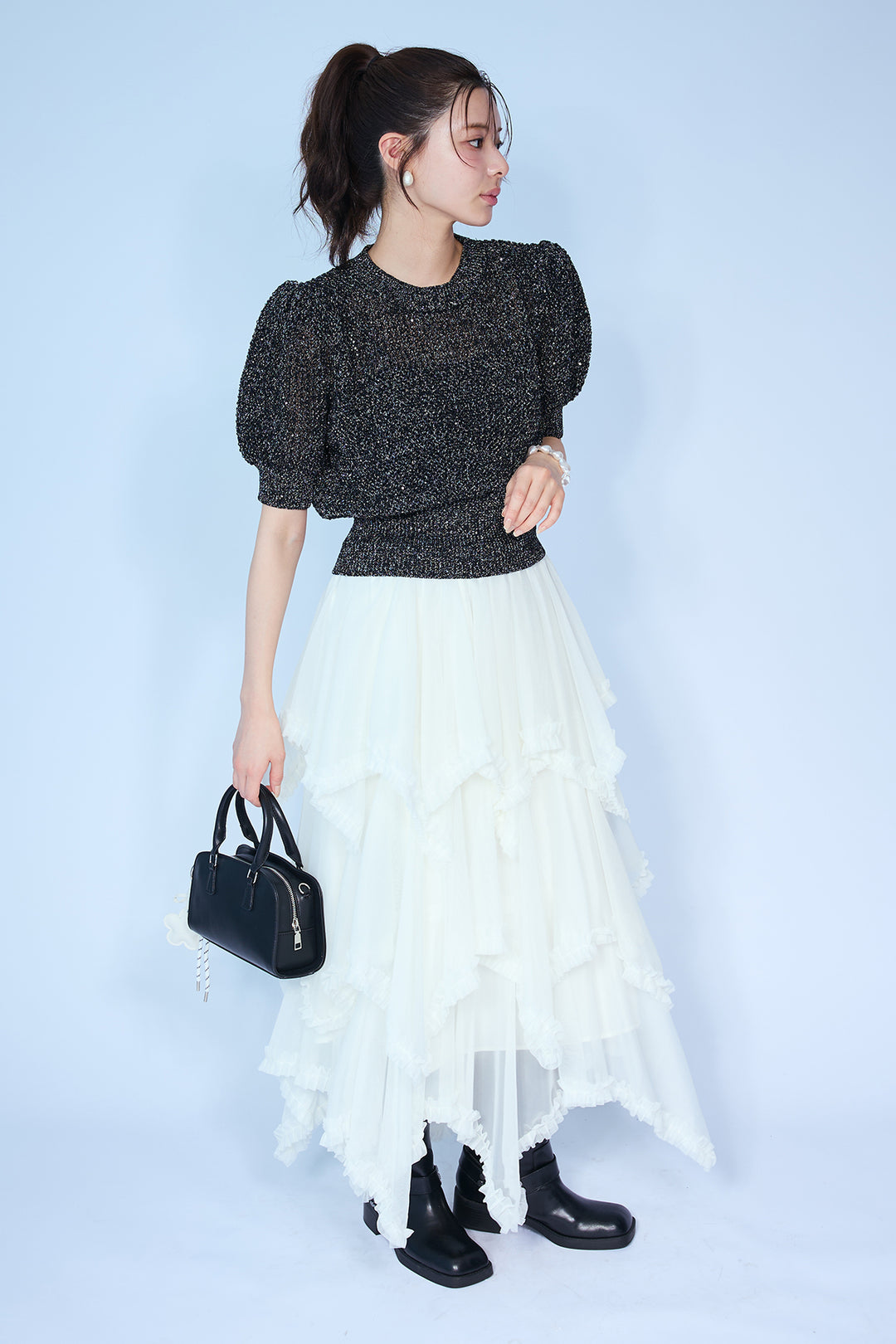 [予約/SET]ラメ混パフスリーブハーフスリーブニット+ムードチュールフリルスカート(2set)