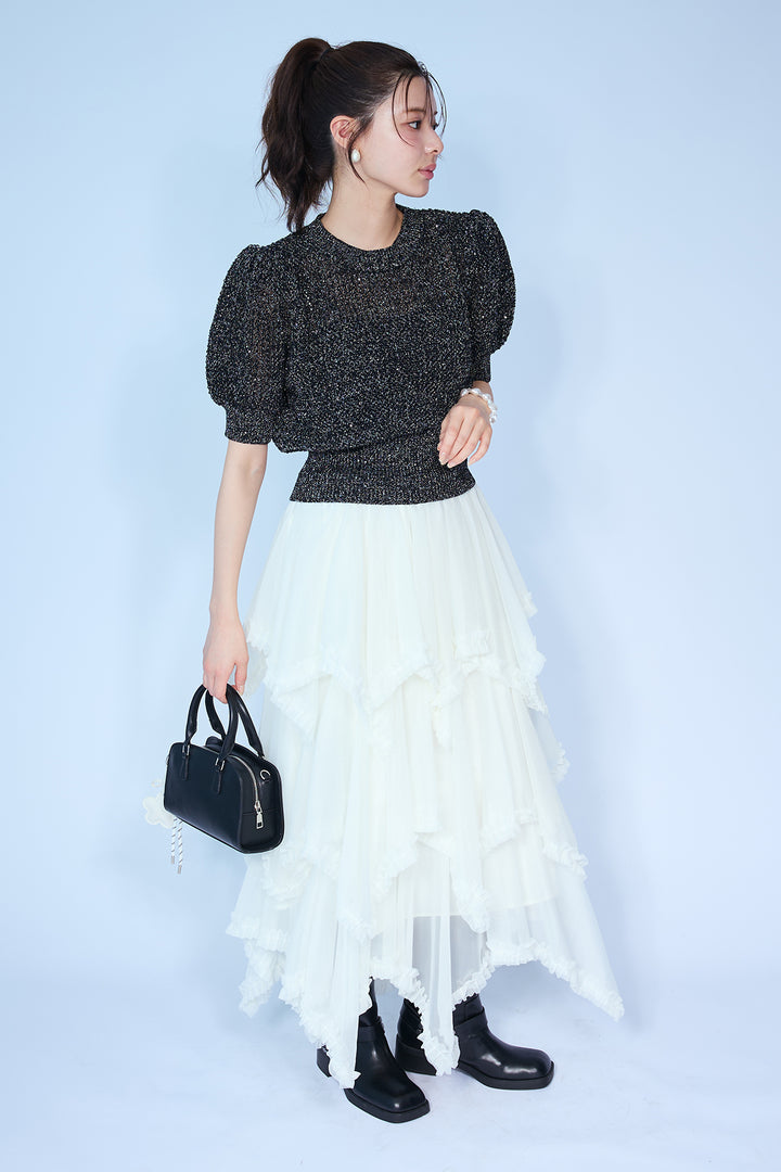 [予約/SET]ラメ混パフスリーブハーフスリーブニット+ムードチュールフリルスカート(2set)