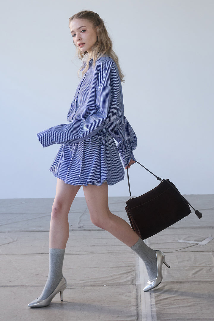 [予約/SET]ハイネックシアーフリルヘムトップス+ギンガムチェックバルーンミニボトムセットアップ(2set)