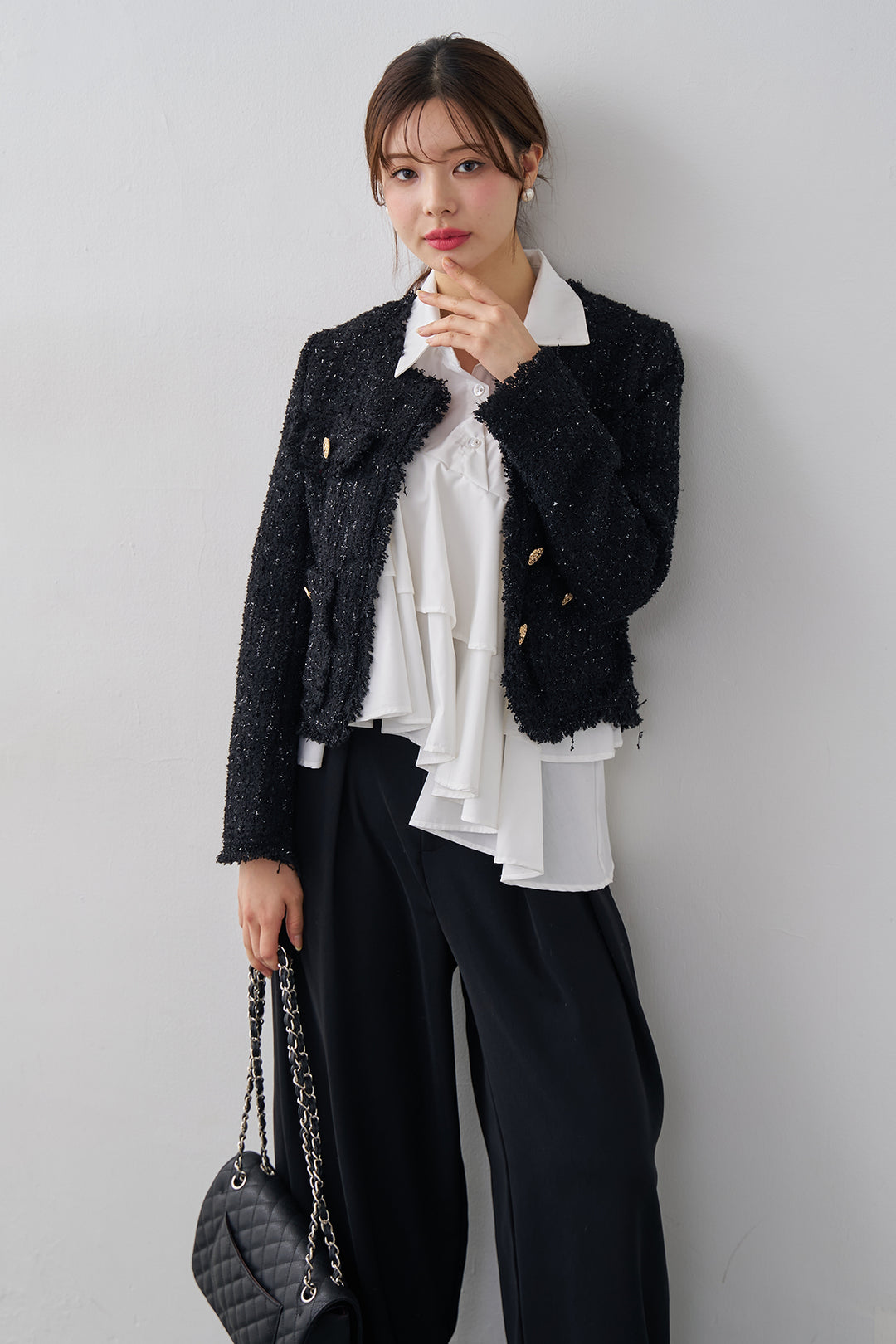 [予約/SET]フリンジツイードゴールドボタンジャケット+エステルツイルタックワイドカラーパンツ(2set)