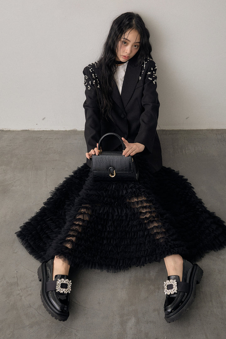 [予約/SET]ショルダービジューマニッシュジャケット+ホイップチュールティアードスカート(2set)