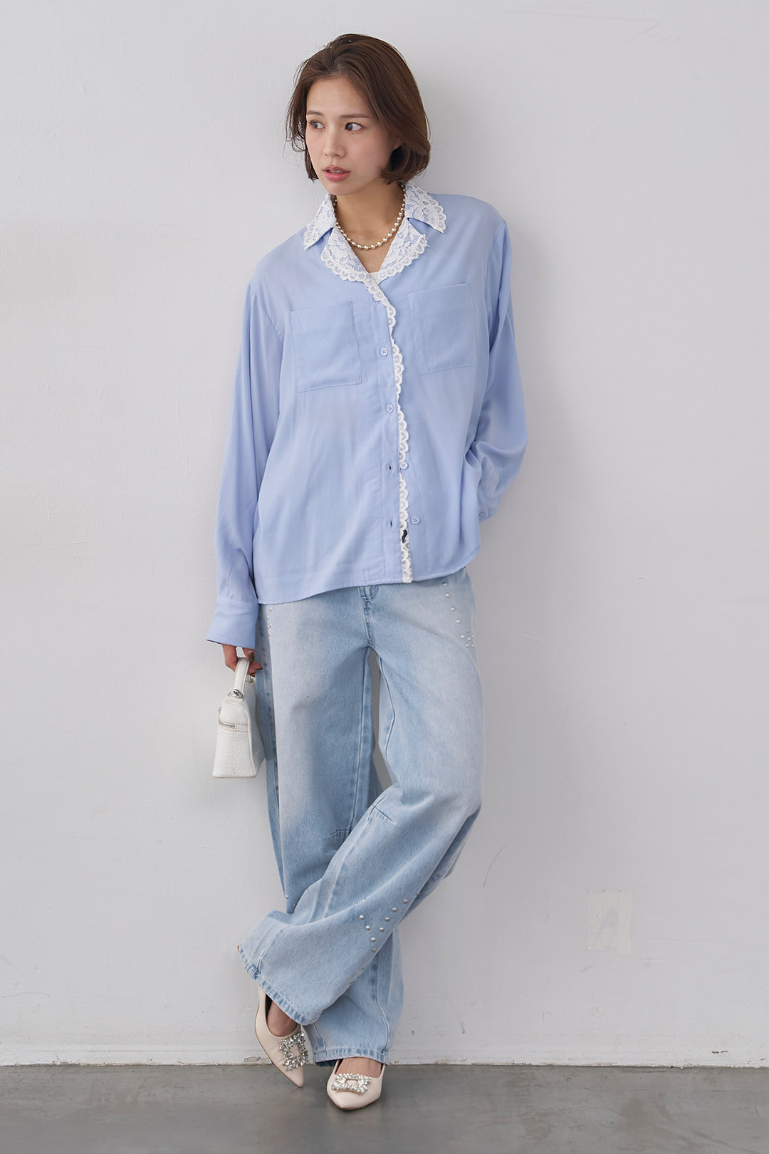 [予約/SET]クラシックレーストリムブラウス+スタッズアシメカーブデニムパンツ(2set)