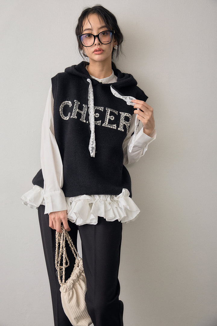 [予約/SET]レースリボンロゴフードスリーブレスニット+タックテーパードパンツ(2set)